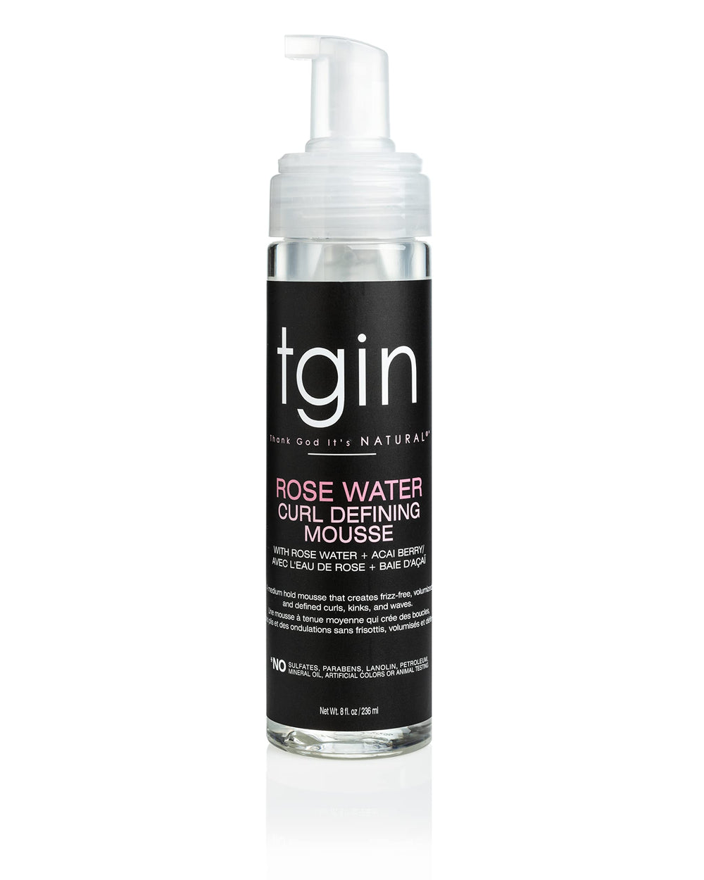 tgin Rose Water Curl Defining Mousse bottle showing lightweight hold for curls