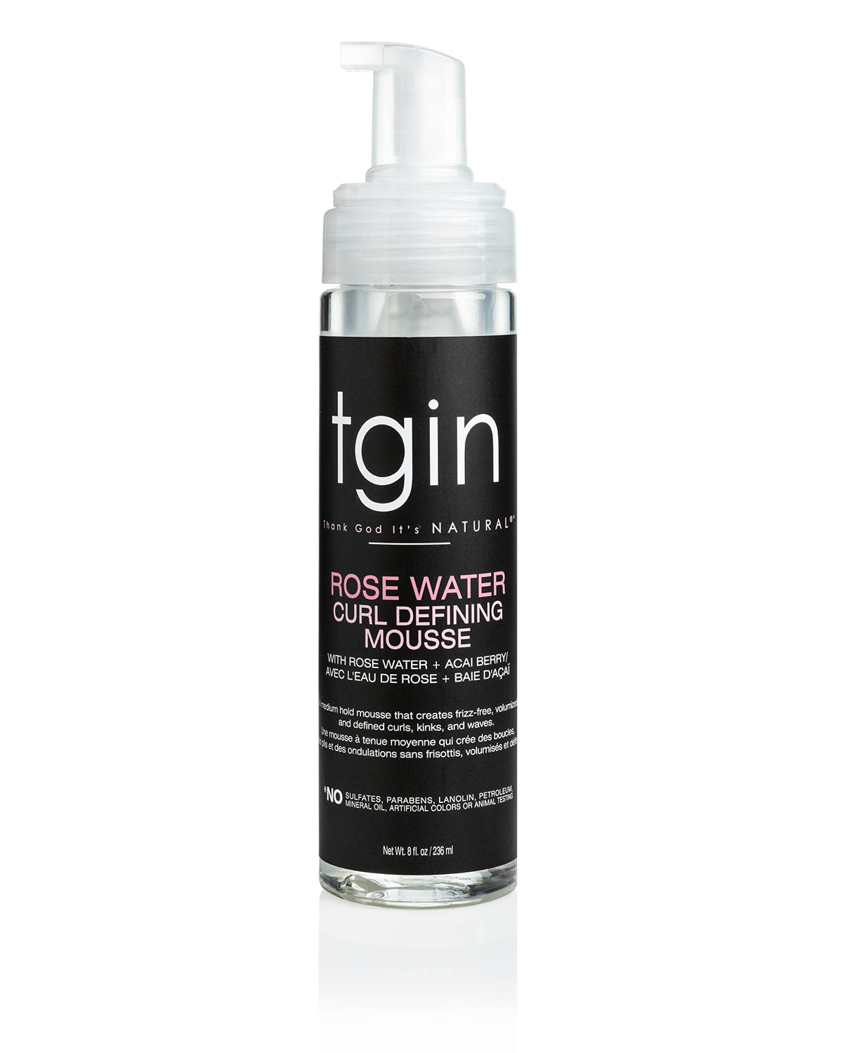 tgin Rose Water Curl Defining Mousse bottle showing lightweight hold for curls