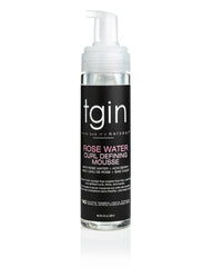 tgin Rose Water Curl Defining Mousse bottle showing lightweight hold for curls