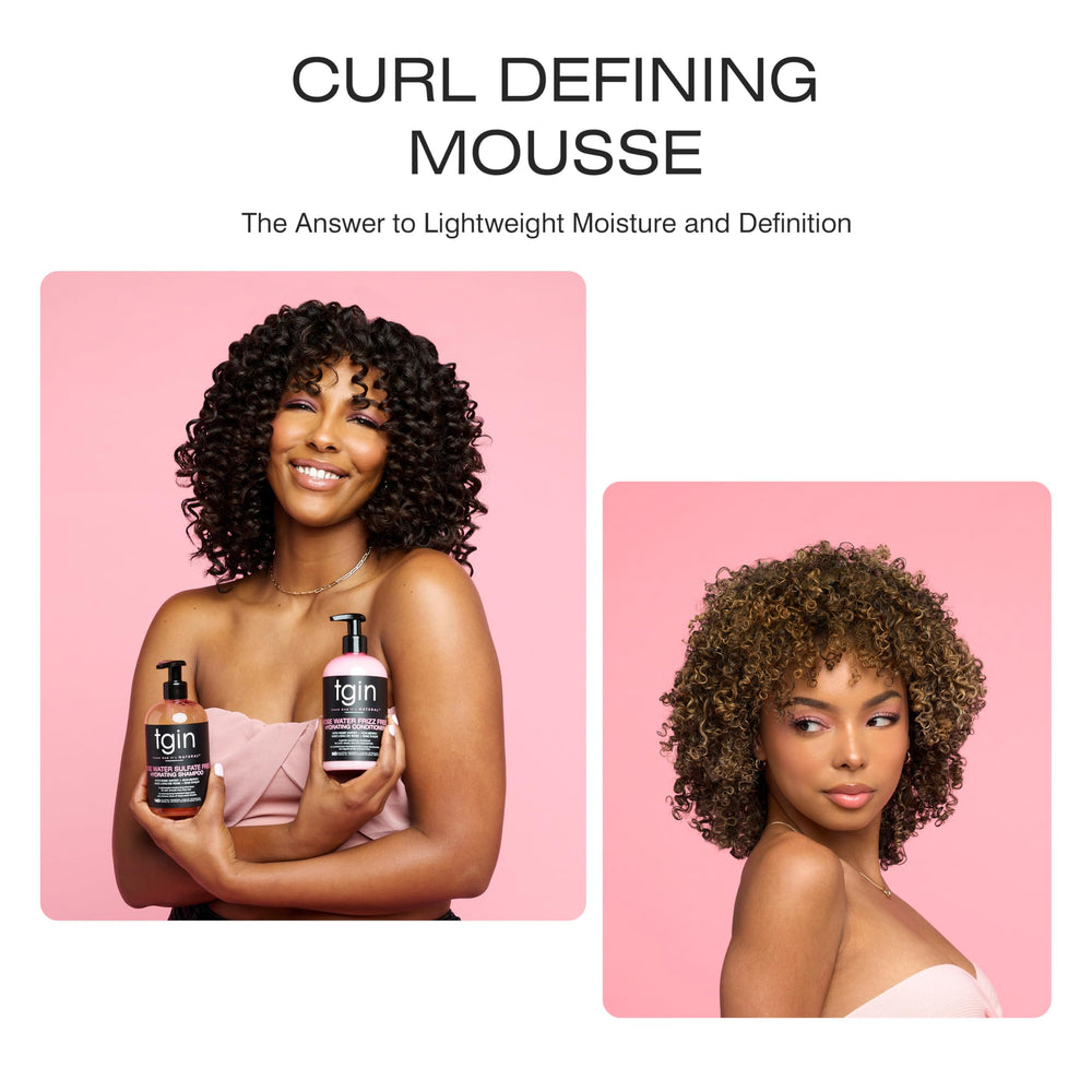 tgin Rose Water Curl Defining Mousse swirl on hair showing defined curls