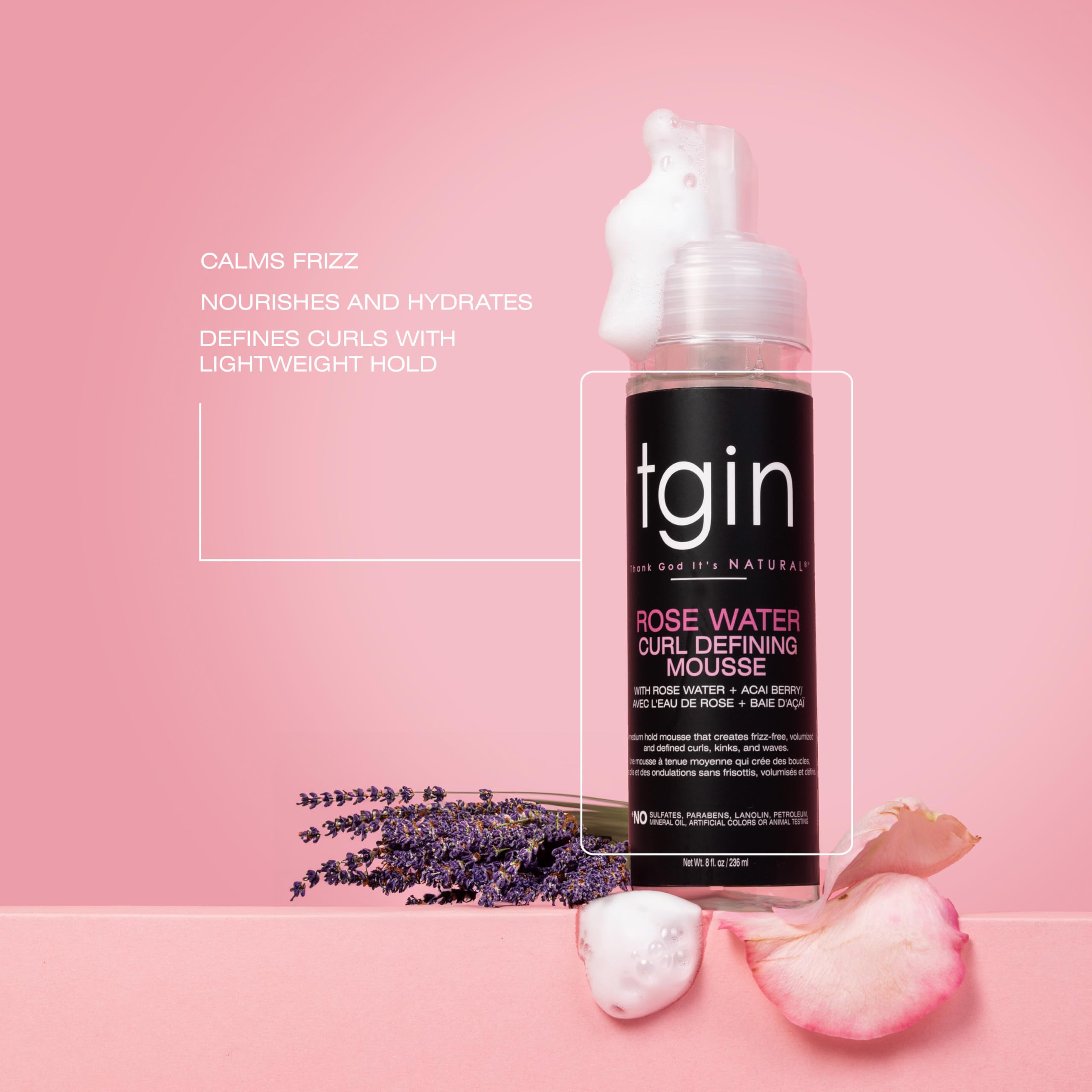 tgin Rose Water Curl Defining Mousse texture close-up highlighting creamy, hydrating formula