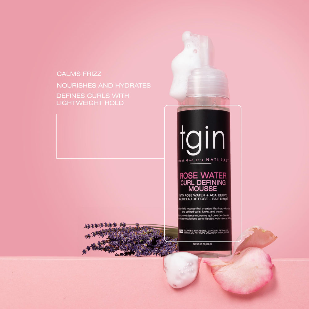 tgin Rose Water Curl Defining Mousse texture close-up highlighting creamy, hydrating formula