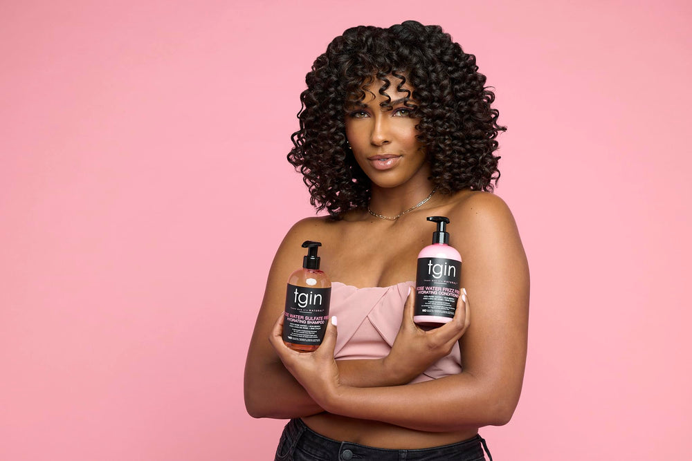 TGIN Rose Water Defining Styling Gel jar for curl definition and frizz control.