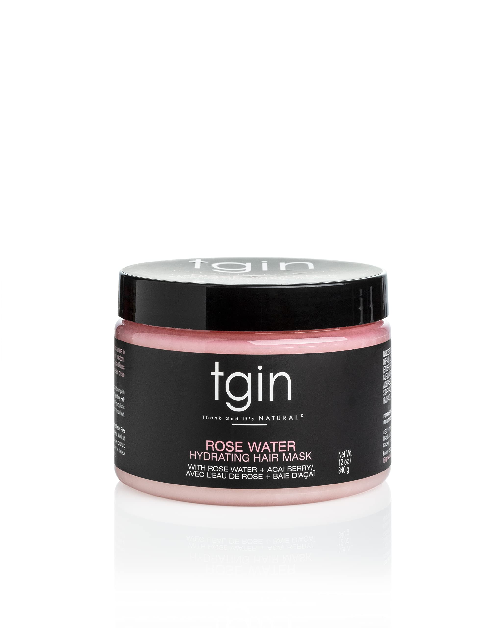 tgin Rose Water Hydrating Hair Mask bottle with rose petals for frizz control