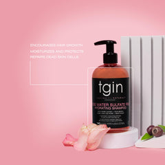 tgin Rose Water Shampoo bottle highlighting Rose Water and Açai Berry for nourishing cleansing.