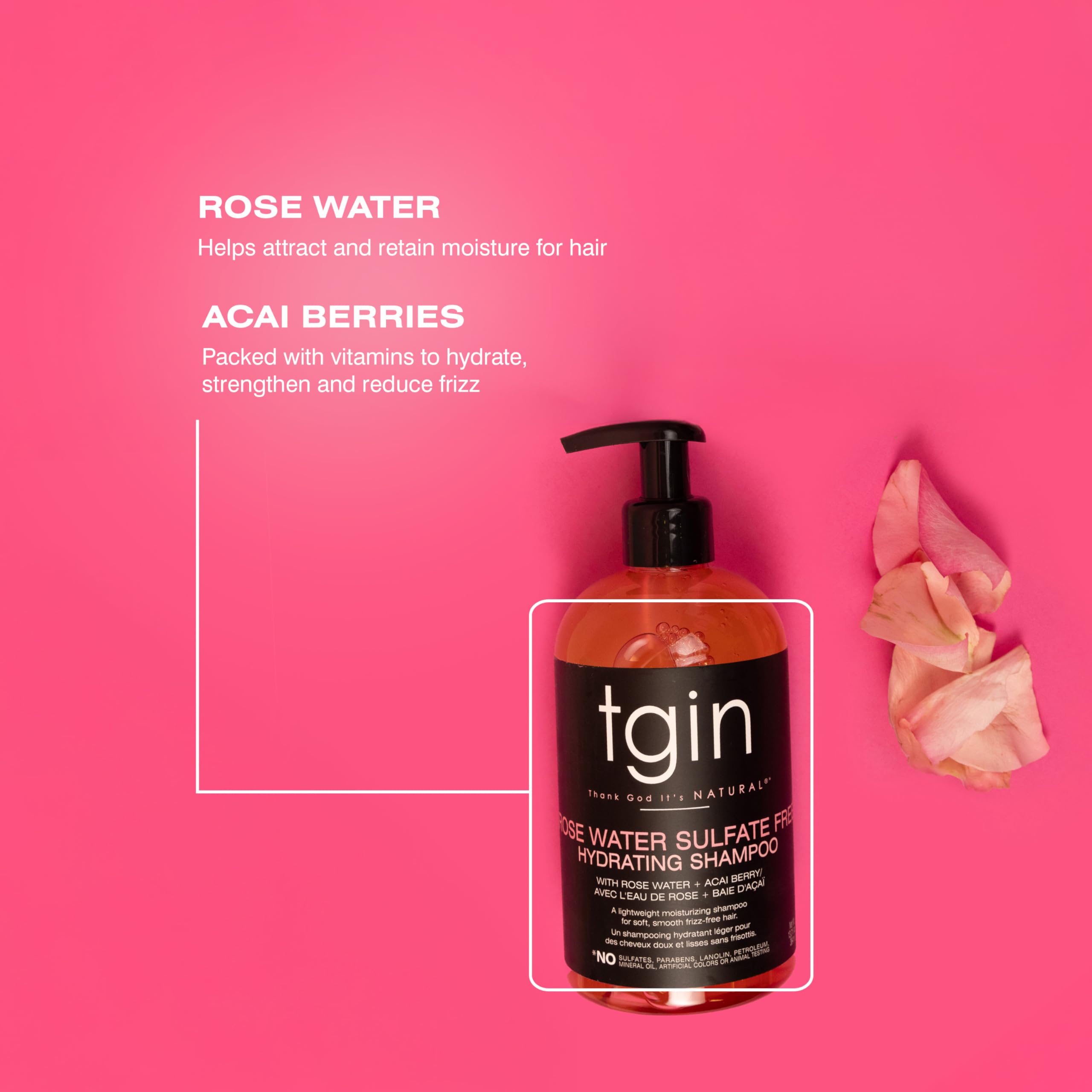 tgin Rose Water Shampoo packaging close-up highlights natural ingredients and simple design.