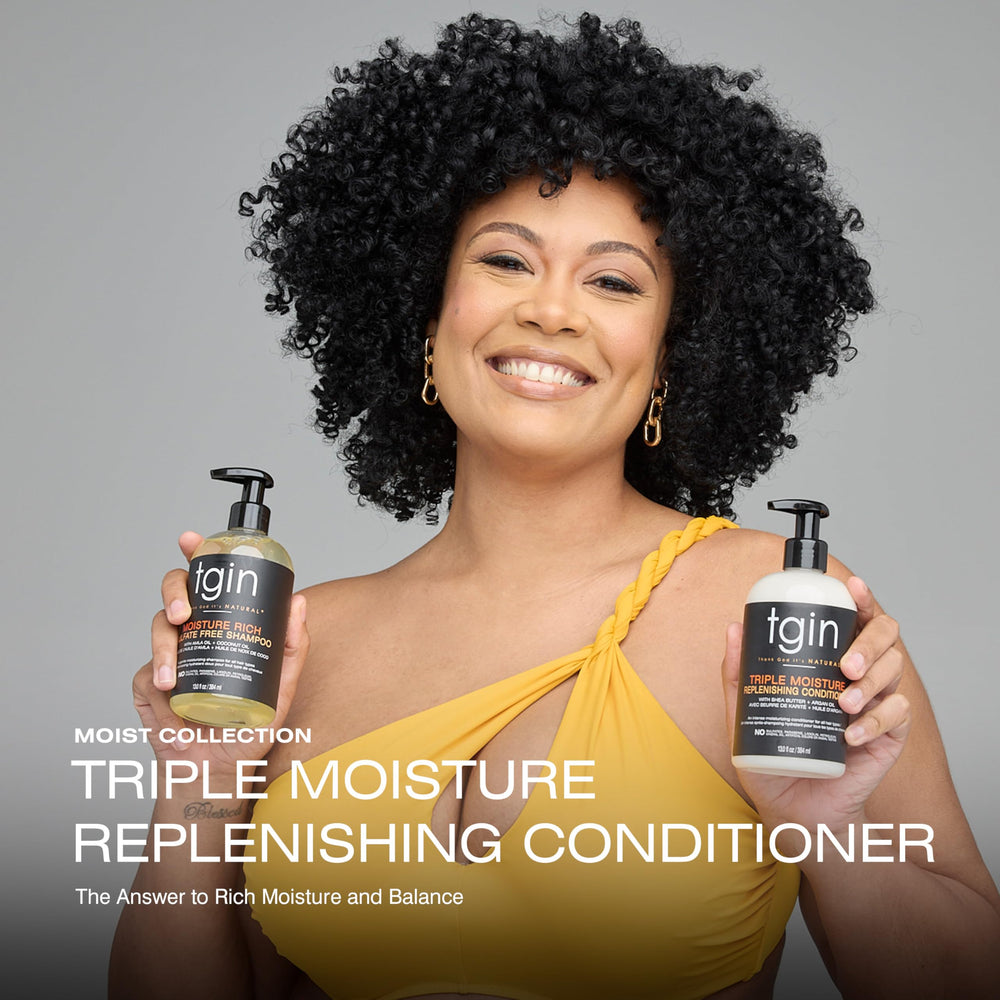 tgin triple moisture conditioner bottle pour illustrating easy application for detangling