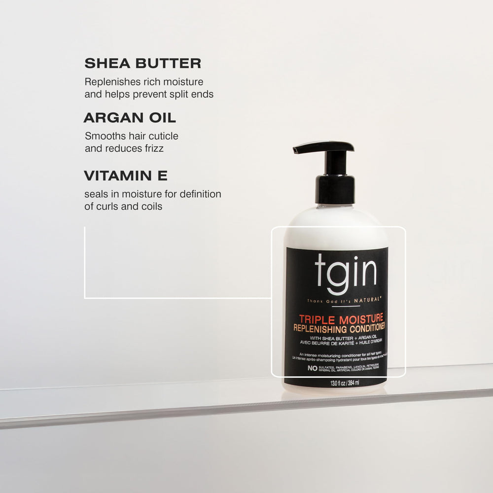 tgin triple moisture conditioner lifestyle shot featuring hydrated hair after styling