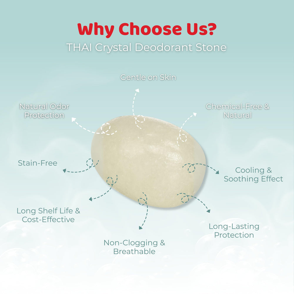 Thai Deodorant Stone natural mineral salt showcases a chemical-free option.