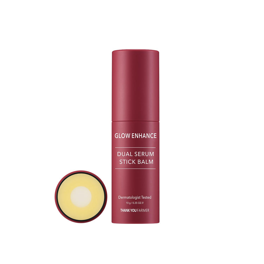 THANKYOU FARMER Glow Enhance Dual Serum Stick Balm around the eyes for radiant, hydrated skin.