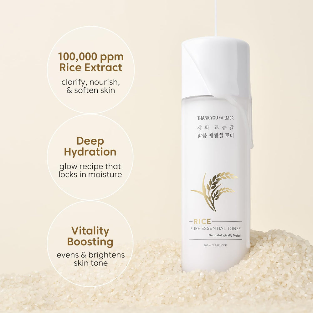 THANKYOU FARMER Rice Pure Korean Milk Toner ingredients label highlights rice water and niacinamide for glow.