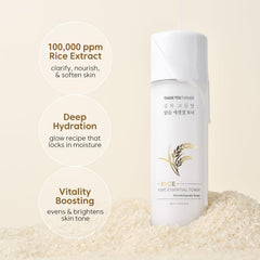 THANKYOU FARMER Rice Pure Korean Milk Toner ingredients label highlights rice water and niacinamide for glow.