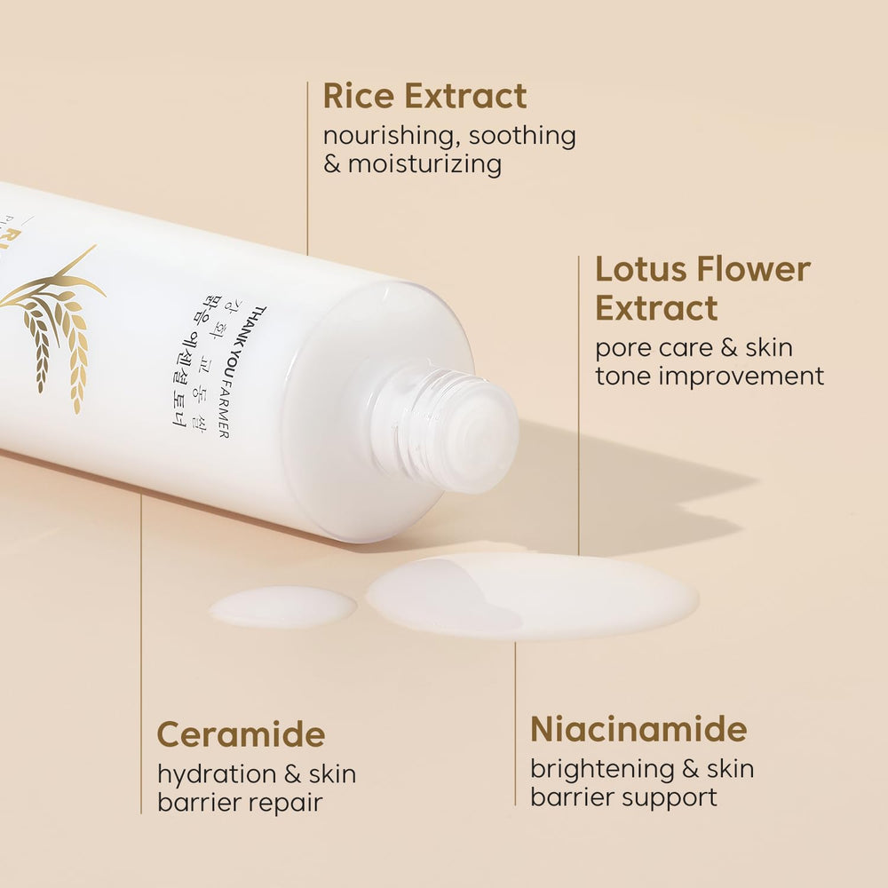 THANKYOU FARMER Rice Pure Korean Milk Toner on cotton pad, gentle hydration for daily use.