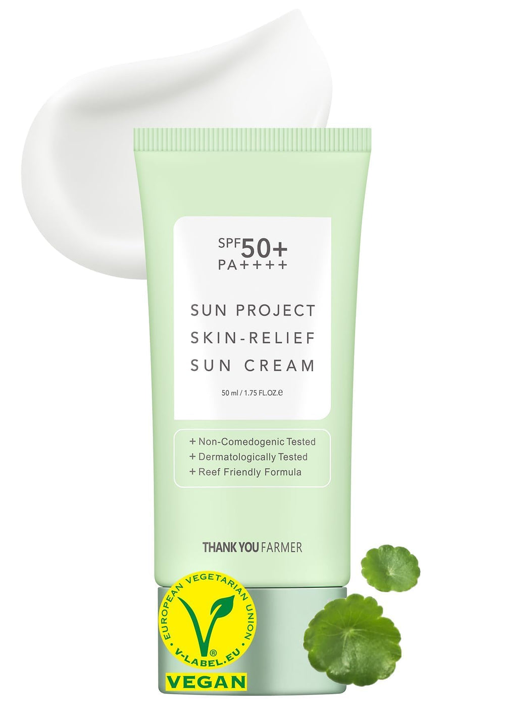 THANKYOU FARMER Sun Project Relief bottle on white background, lightweight reef-safe sunscreen for sensitive skin.