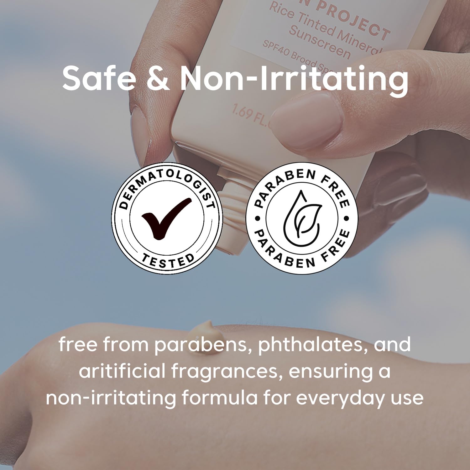 Skin-tone application view with a feather-light, non-greasy feel.