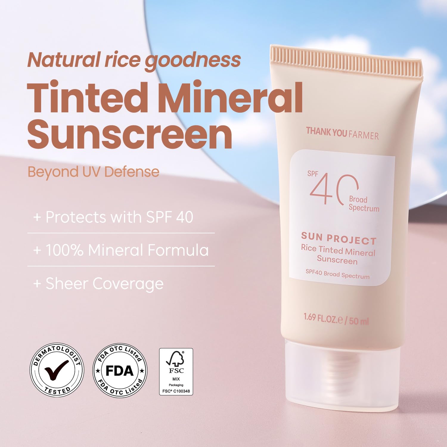 Swatch demonstrates sheer tint blending with various skin tones.