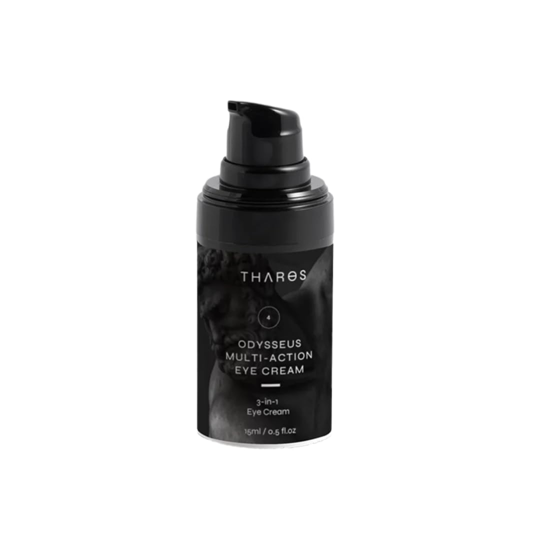 THAROS 3-in-1 Eye Cream packaging highlights vegan formula for all skin types.