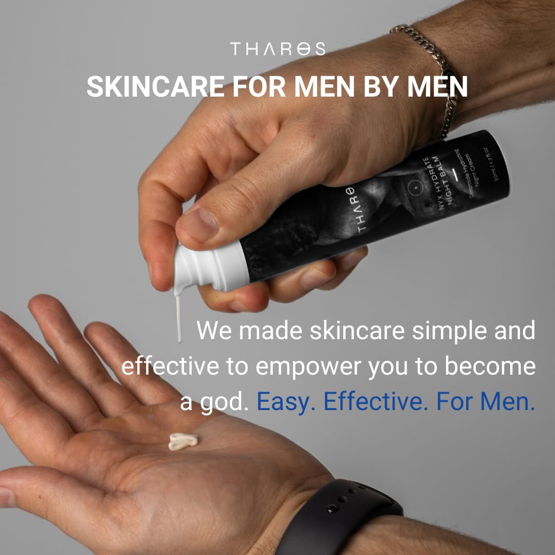 All skin types suitable note on THAROS eye cream packaging.