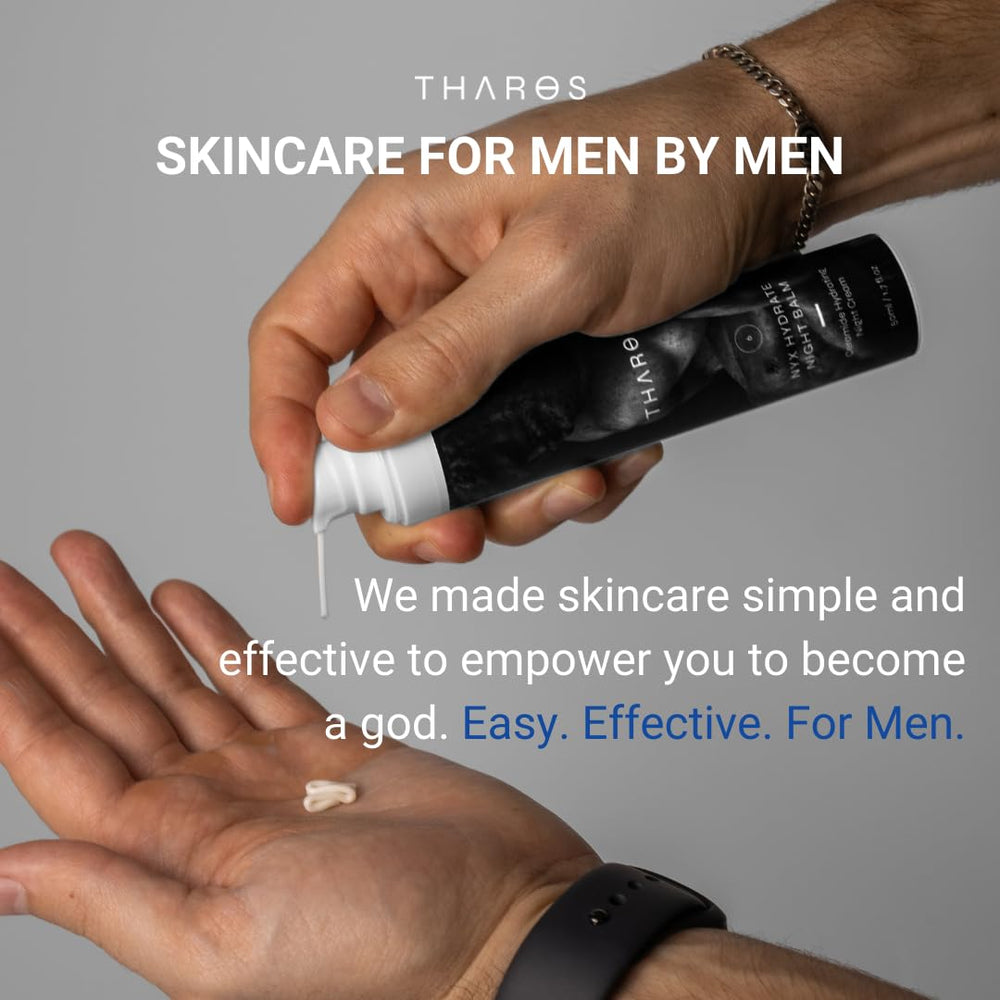 All skin types suitable note on THAROS eye cream packaging.