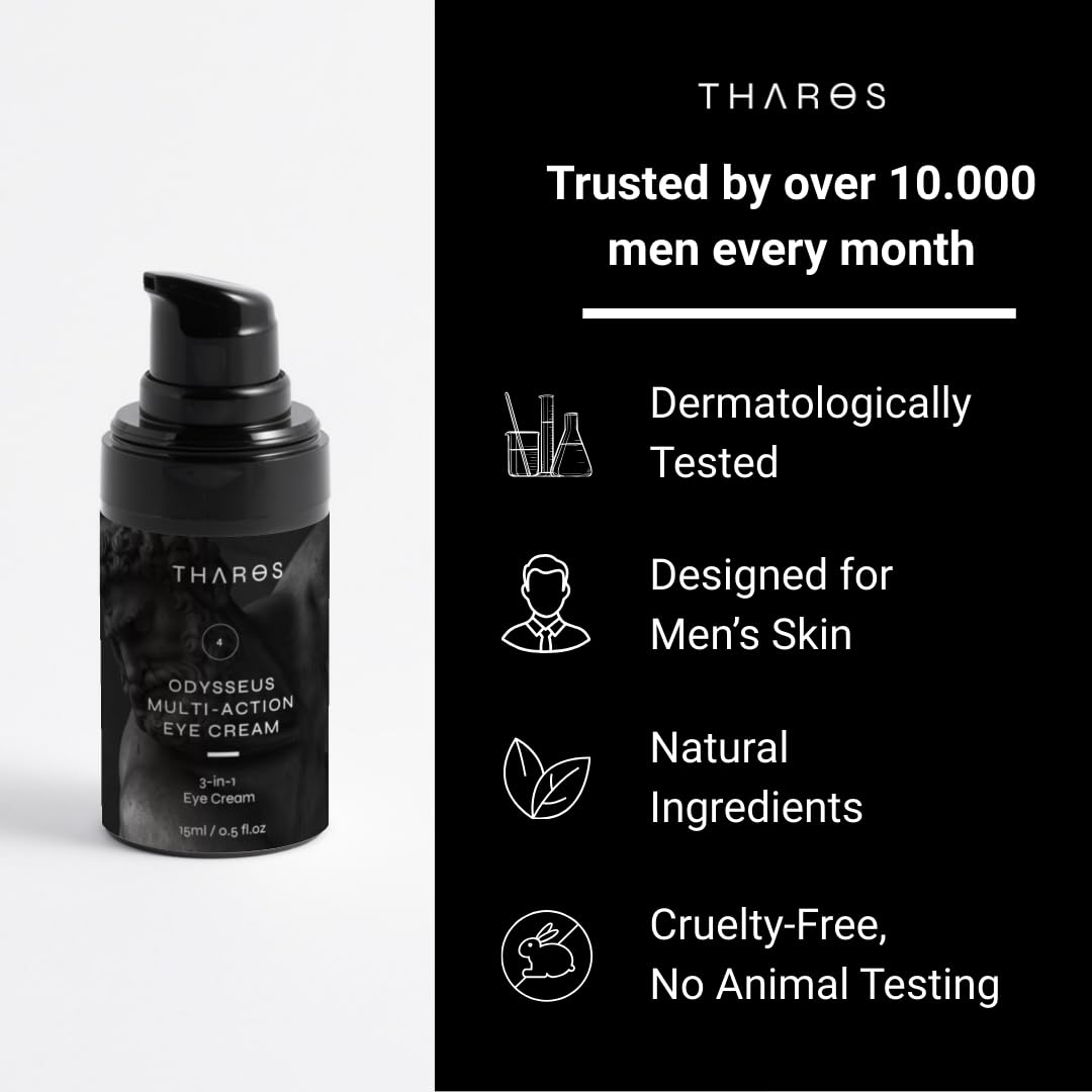 Morning routine setup with THAROS eye cream for refreshed under-eye area.