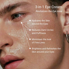 Close-up of THAROS eye cream tube showing creamy texture and quick absorption.
