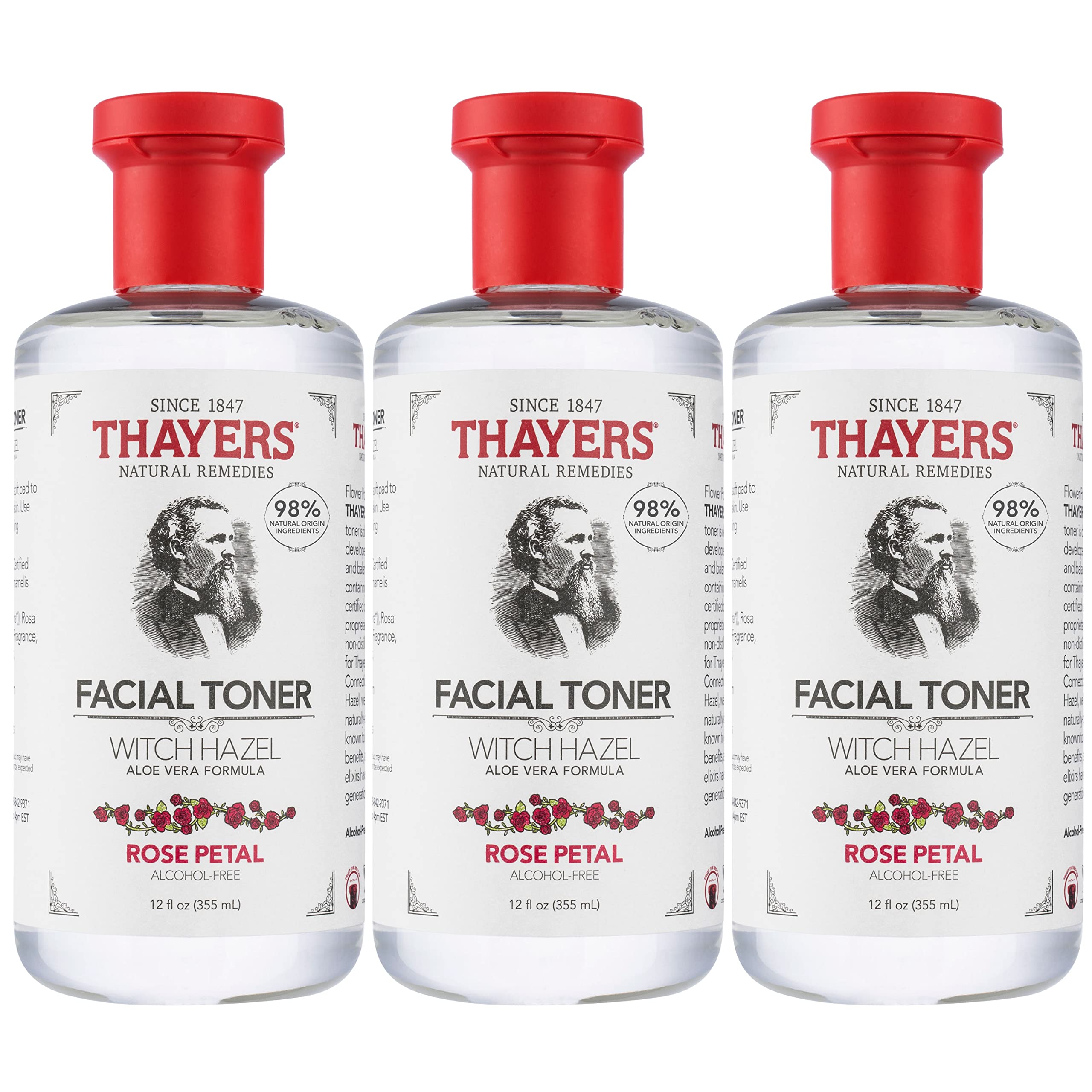 THAYERS Rose Petal Toner bottle with rose petals, soothing hydration for all skin types.