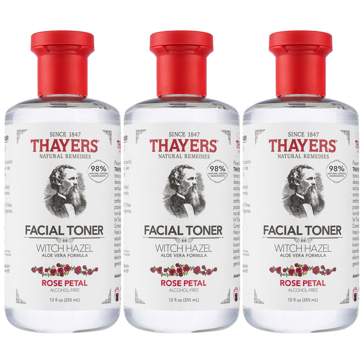 THAYERS Rose Petal Toner bottle with rose petals, soothing hydration for all skin types.