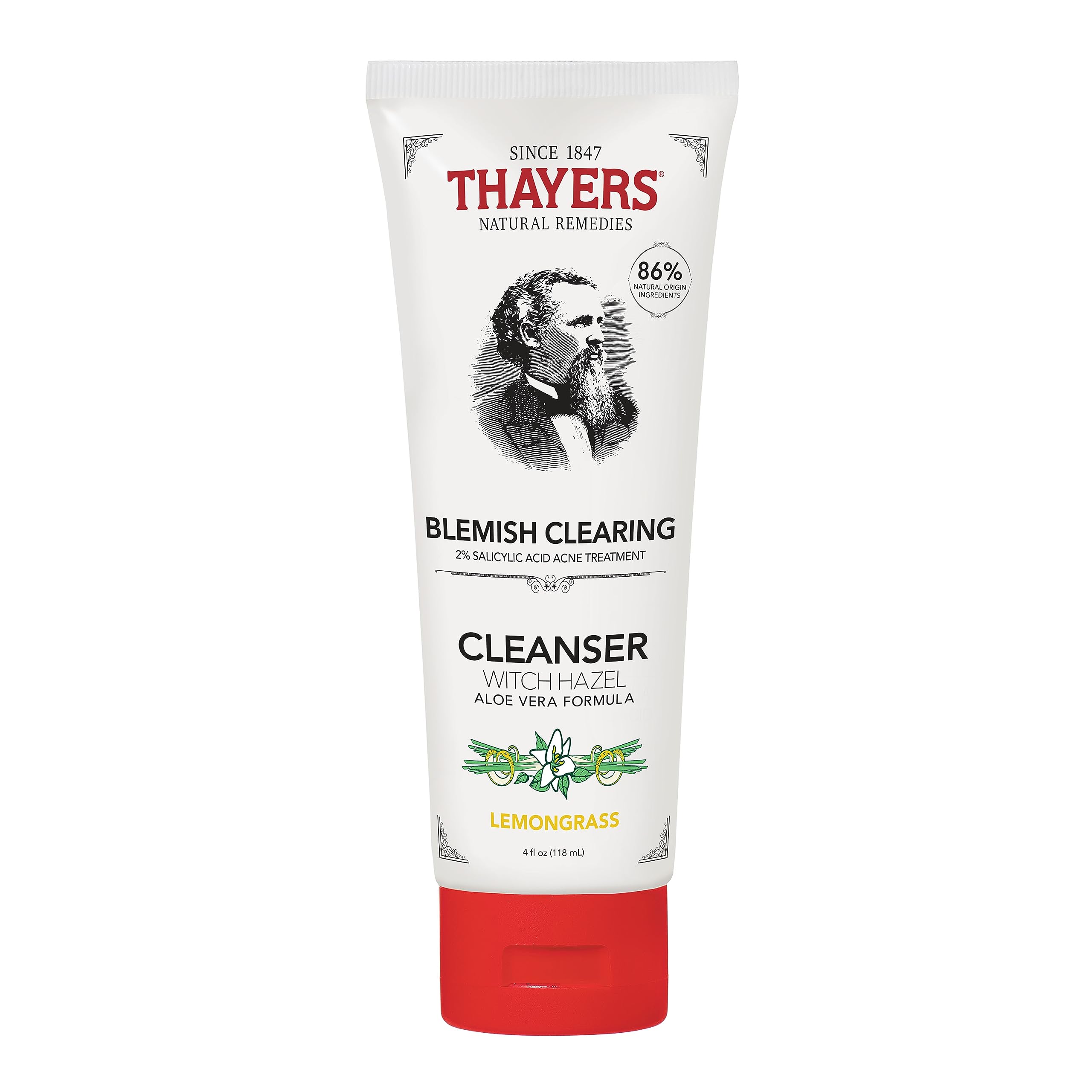 THAYERS Witch Hazel Blemish Cleanser bottle highlights gentle cleansing for acne-prone skin.
