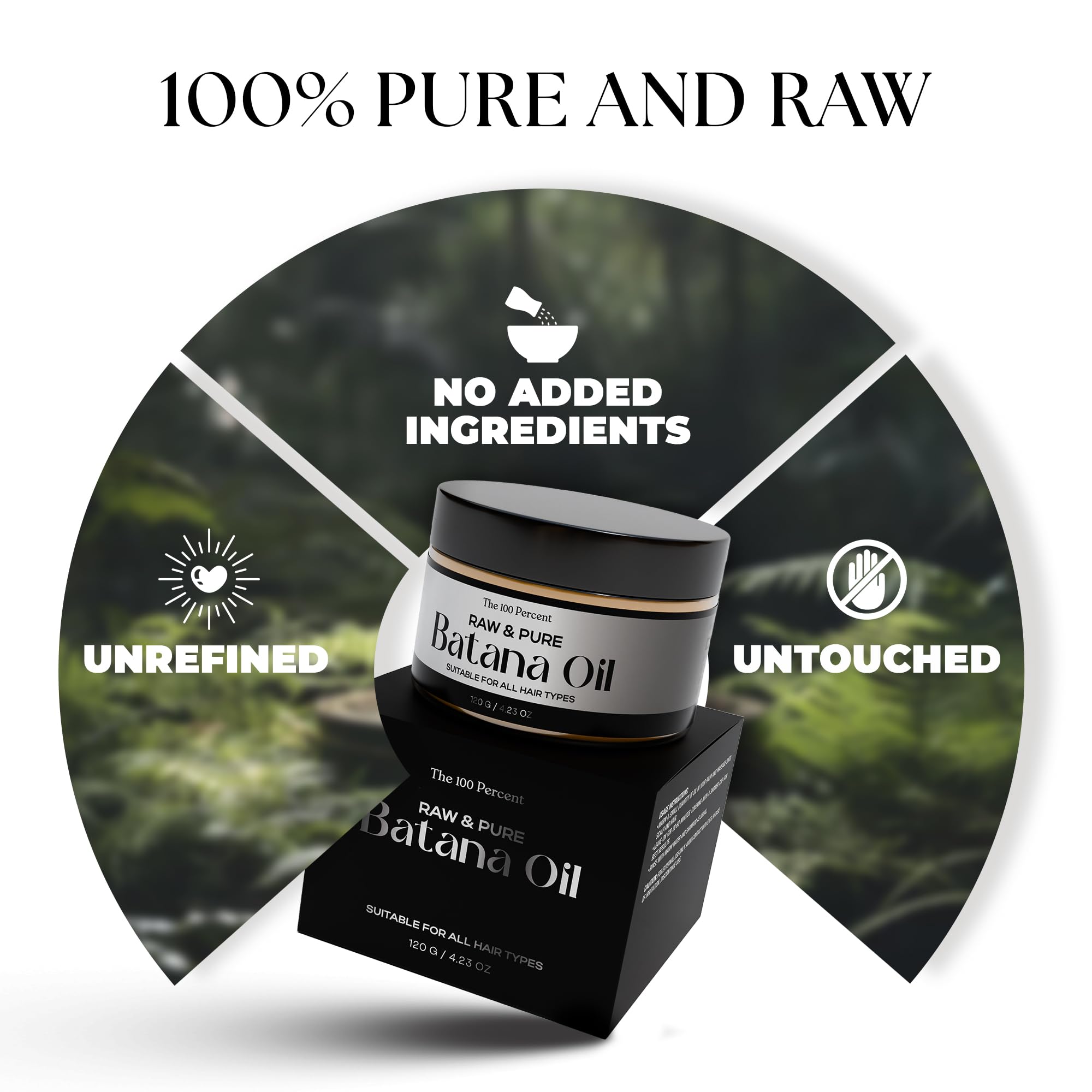 The 100 Percent Batana Oil cold pressed jar emphasizes nutrient-rich, ready-to-use oil.