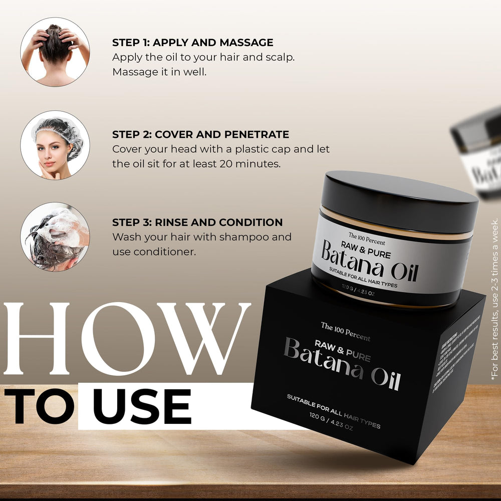 The 100 Percent Batana Oil haircare routine image suggests simple integration.