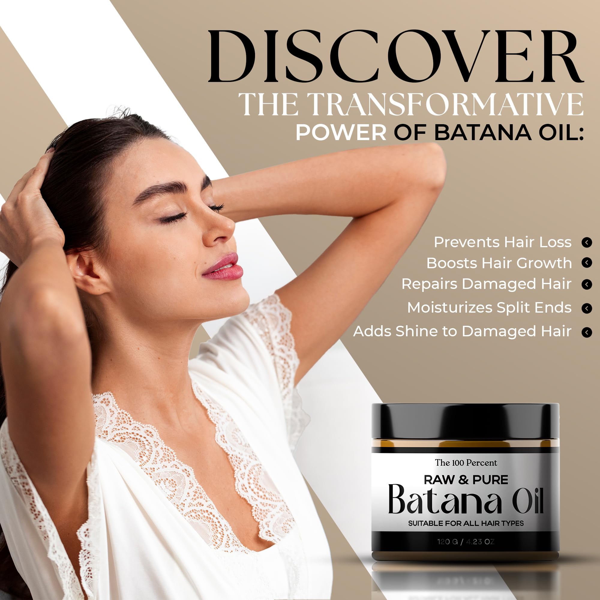 The 100 Percent Batana Oil oil droplet illustrates premium purity and nourishment potential.