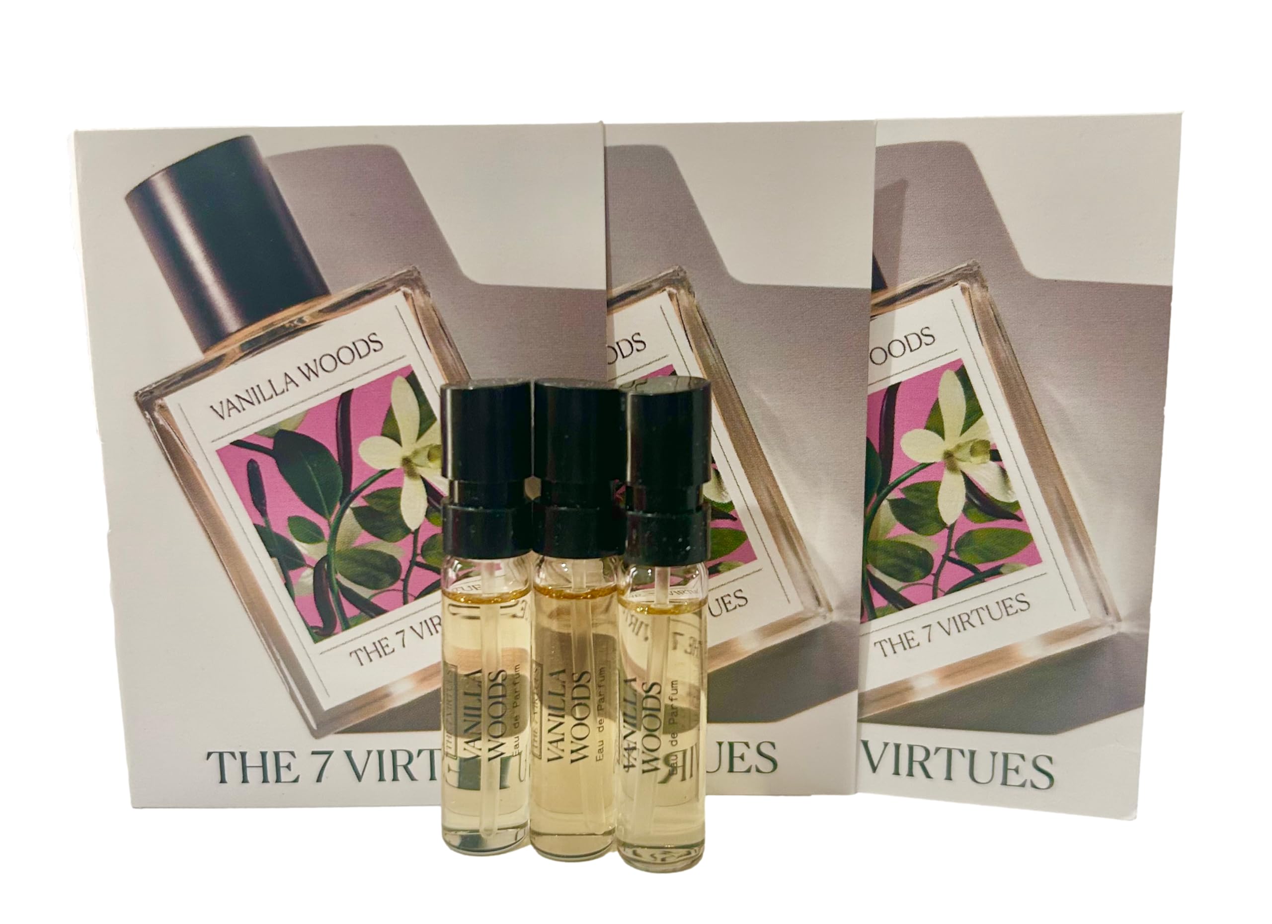 The 7 Virtues Vanilla Woods sample set display, ideal for testing fragrances on the go.