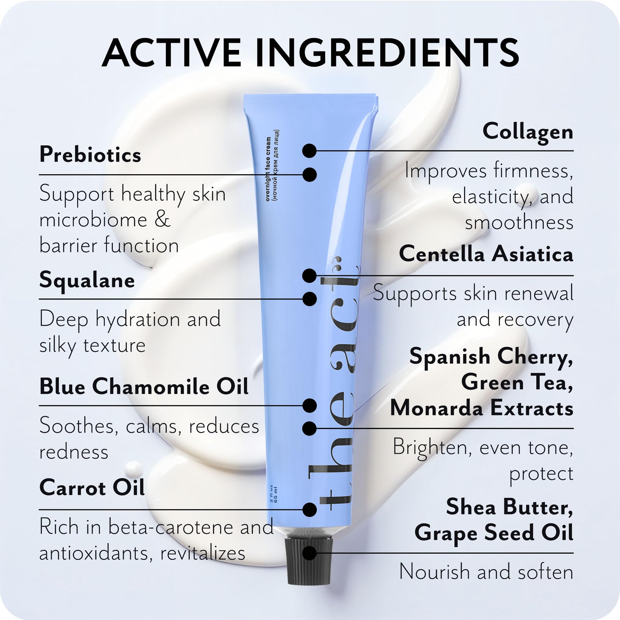 The Act Overnight Face Cream bottle label highlights vegan, organic skincare.