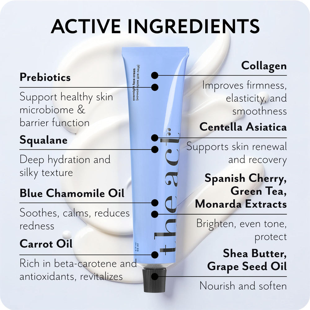 The Act Overnight Face Cream bottle label highlights vegan, organic skincare.
