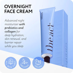 The Act Overnight Face Cream texture close-up reveals a creamy, non-greasy vegan formula.