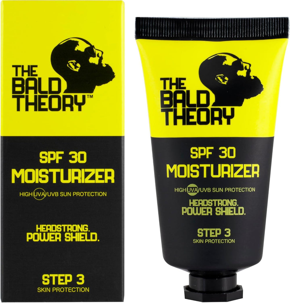 The Bald Theory SPF30 Scalp Moisturizer Shield bottle showing lightweight daily protection for bald heads