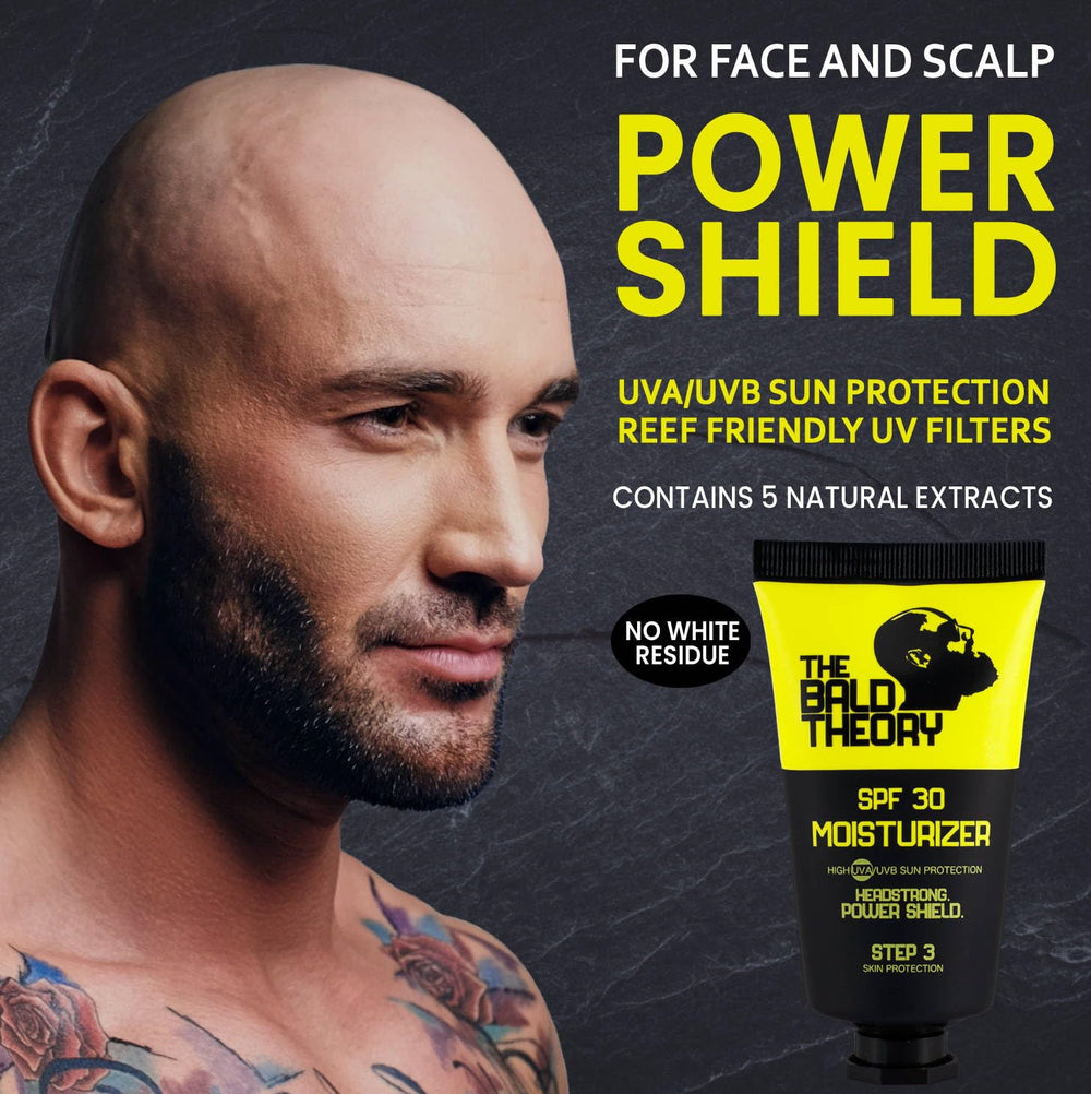 The Bald Theory SPF30 Scalp Moisturizer Shield cream application demonstrating smooth absorption on the scalp