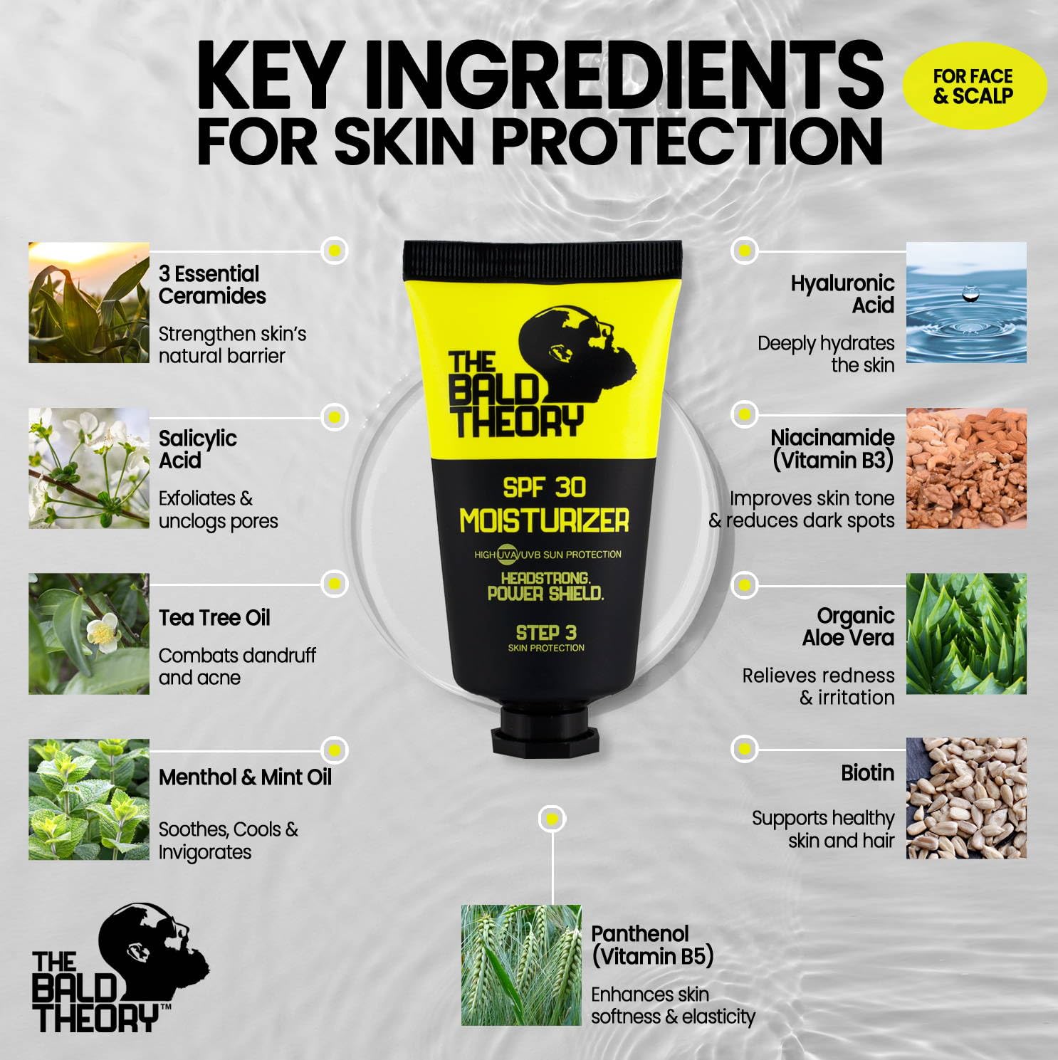 The Bald Theory SPF30 Scalp Moisturizer Shield on head emphasizing sun protection during outdoor activity