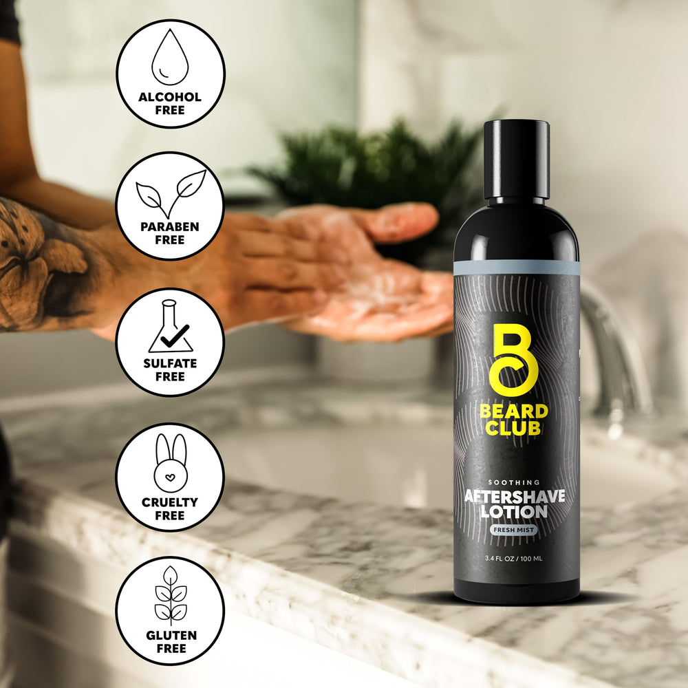The Beard Club Aftershave packaging front shows clean branding and gift-ready presentation.