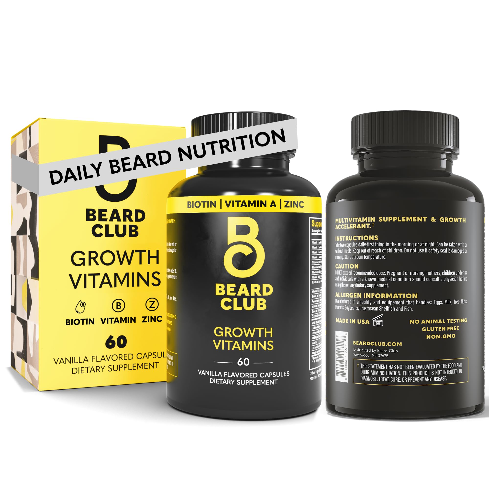 The Beard Club biotin beard growth bottle highlighting premium packaging for full beard support.