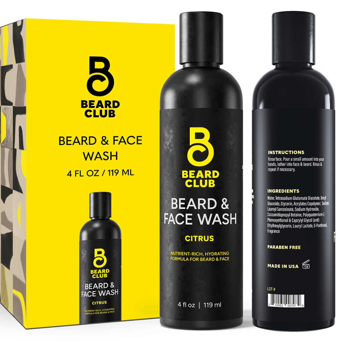 The Beard Club Citrus Beard & Face Wash bottle highlights citrus-cleanse action for beard and skin.