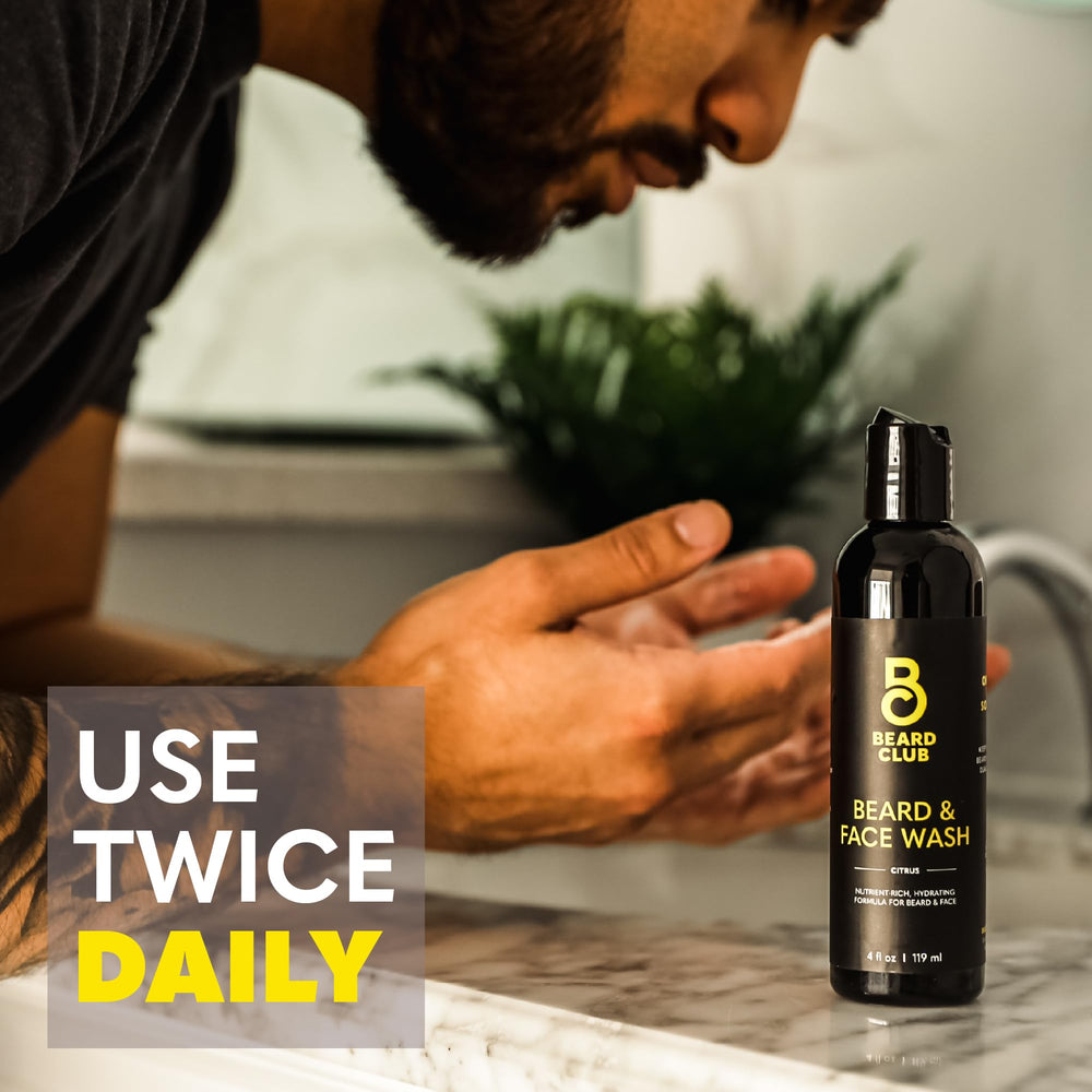 The Beard Club Citrus Beard & Face Wash ingredient droplets hint at coconut oil benefits.