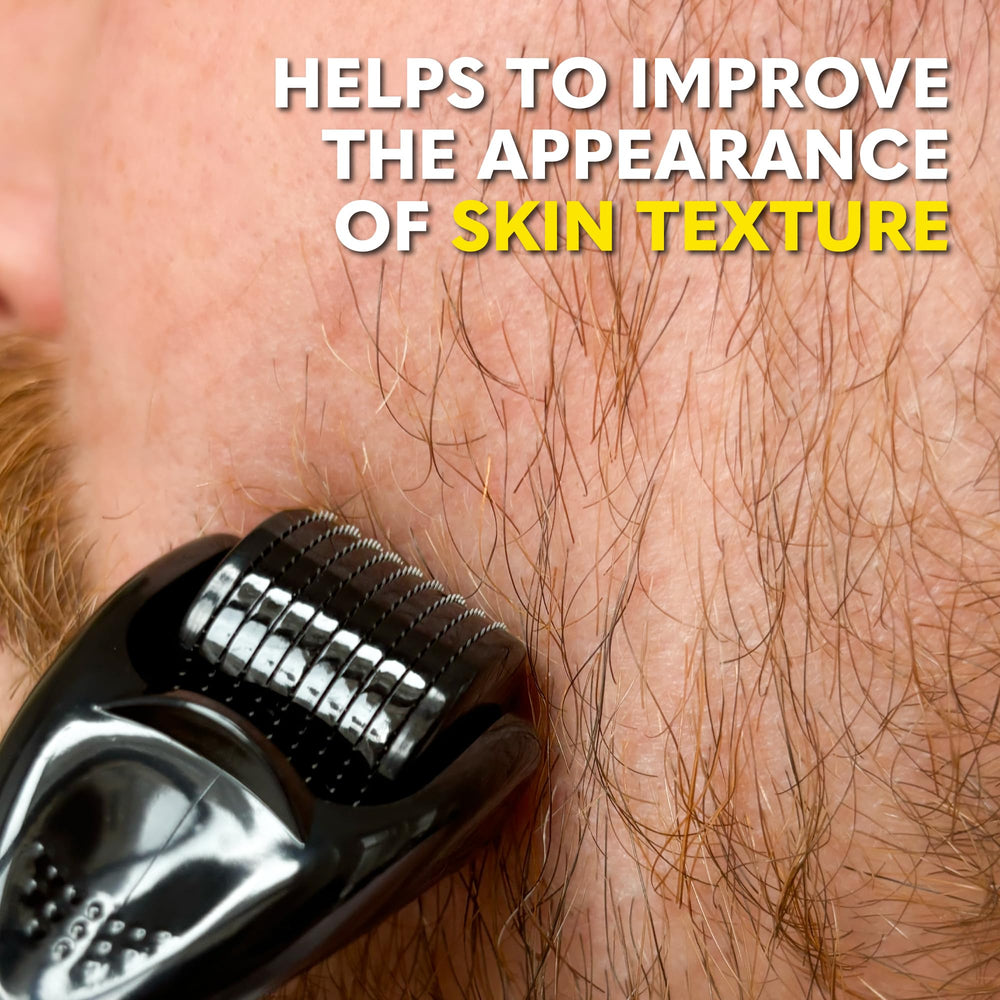 The Beard Club Derma Roller in use on cheeks for texture refinement.