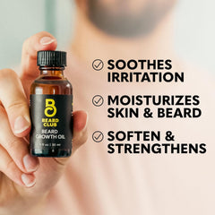 The Beard Club growth oil cedar sandalwood bottle highlighting premium blend.