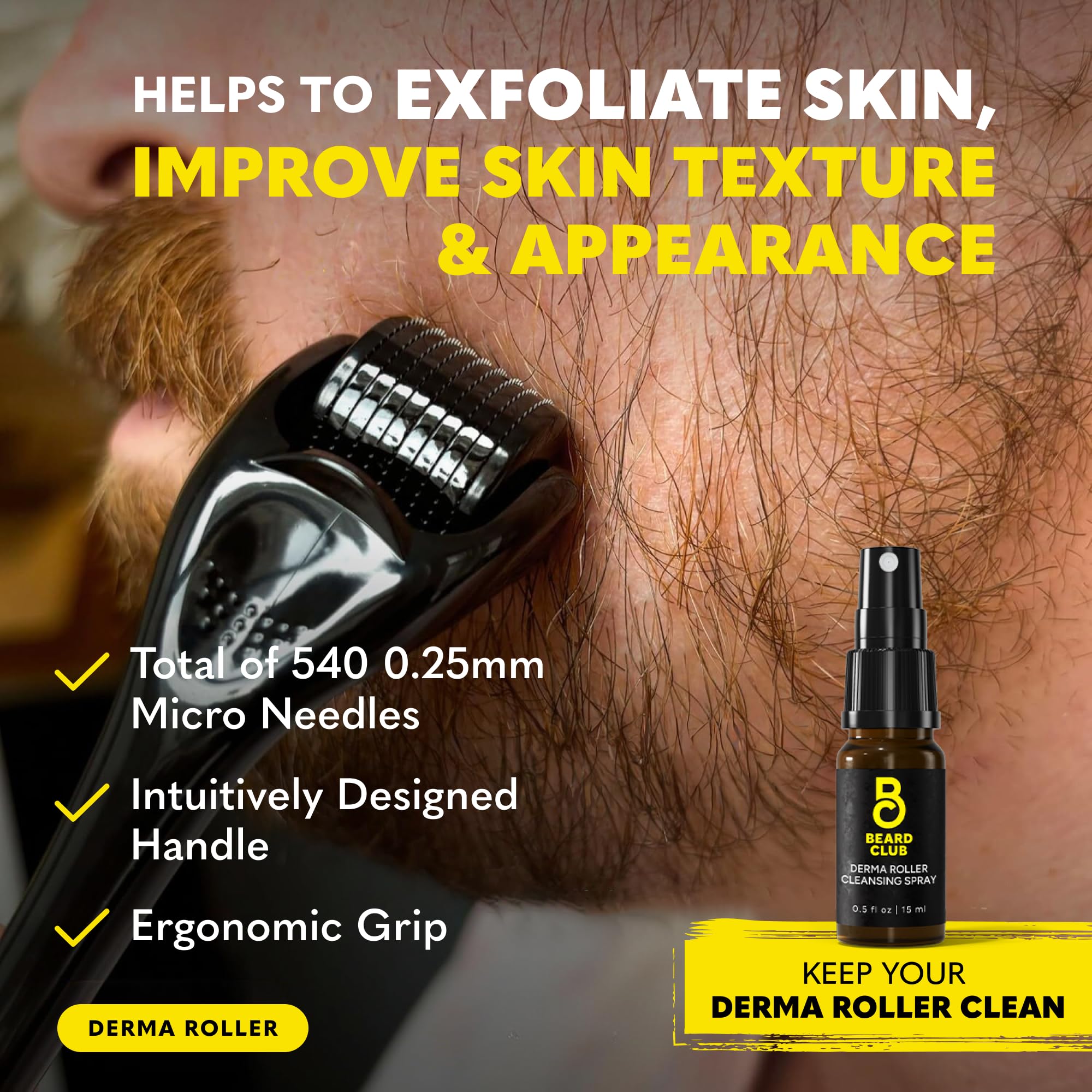 Beard Club cleansing spray shown with derma roller for daily tool cleanliness