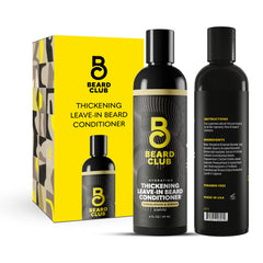 The Beard Club Thickening Leave-In Conditioner bottle pour, hydrating beard care for daily softness.