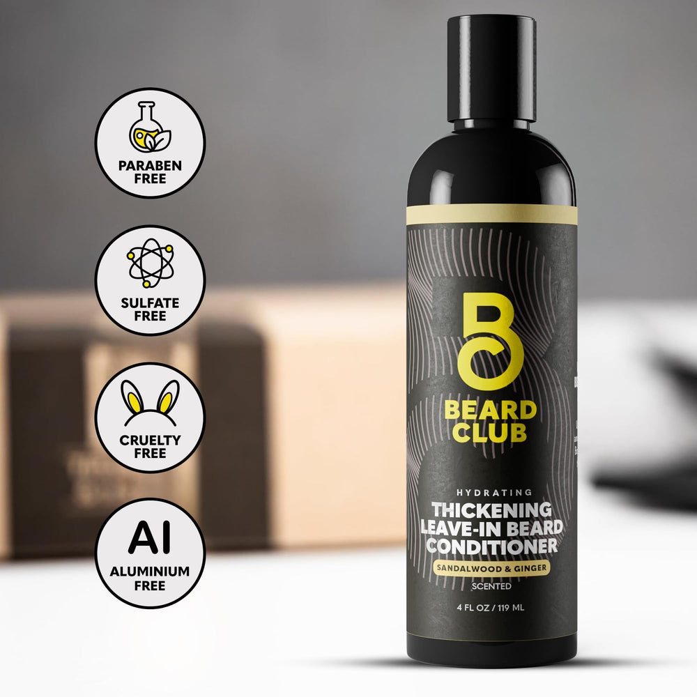 The Beard Club Thickening Leave-In Conditioner sandalwood-ginger scent vapors, soothing an everyday routine.
