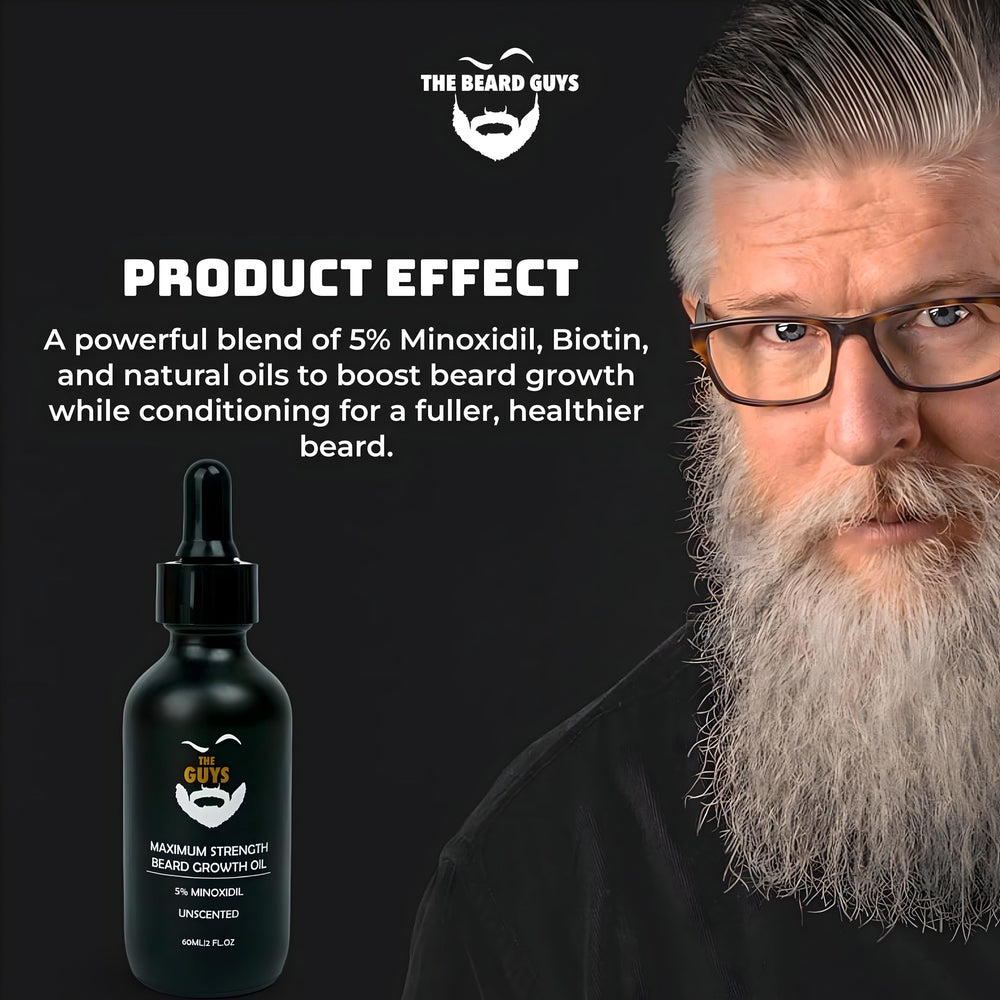 The Beard Guys beard close-up shows a soft, healthy shine after application.
