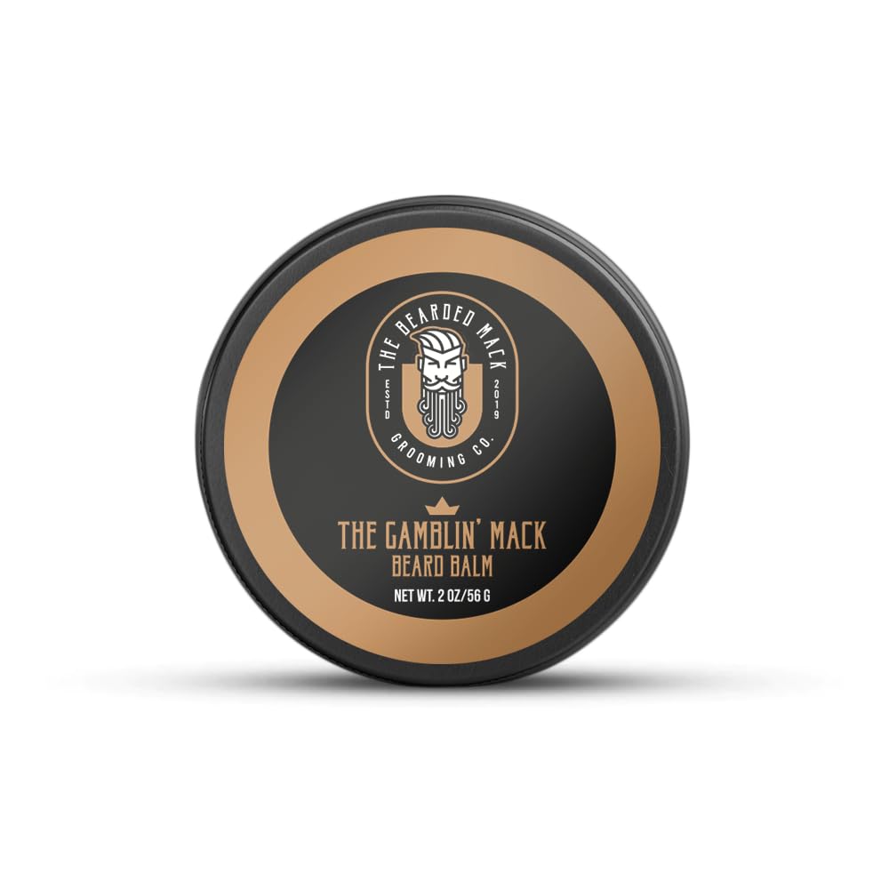 The Bearded Mack Gamblin' Mack beard balm with oud and leather for firm hold and nourished beard.