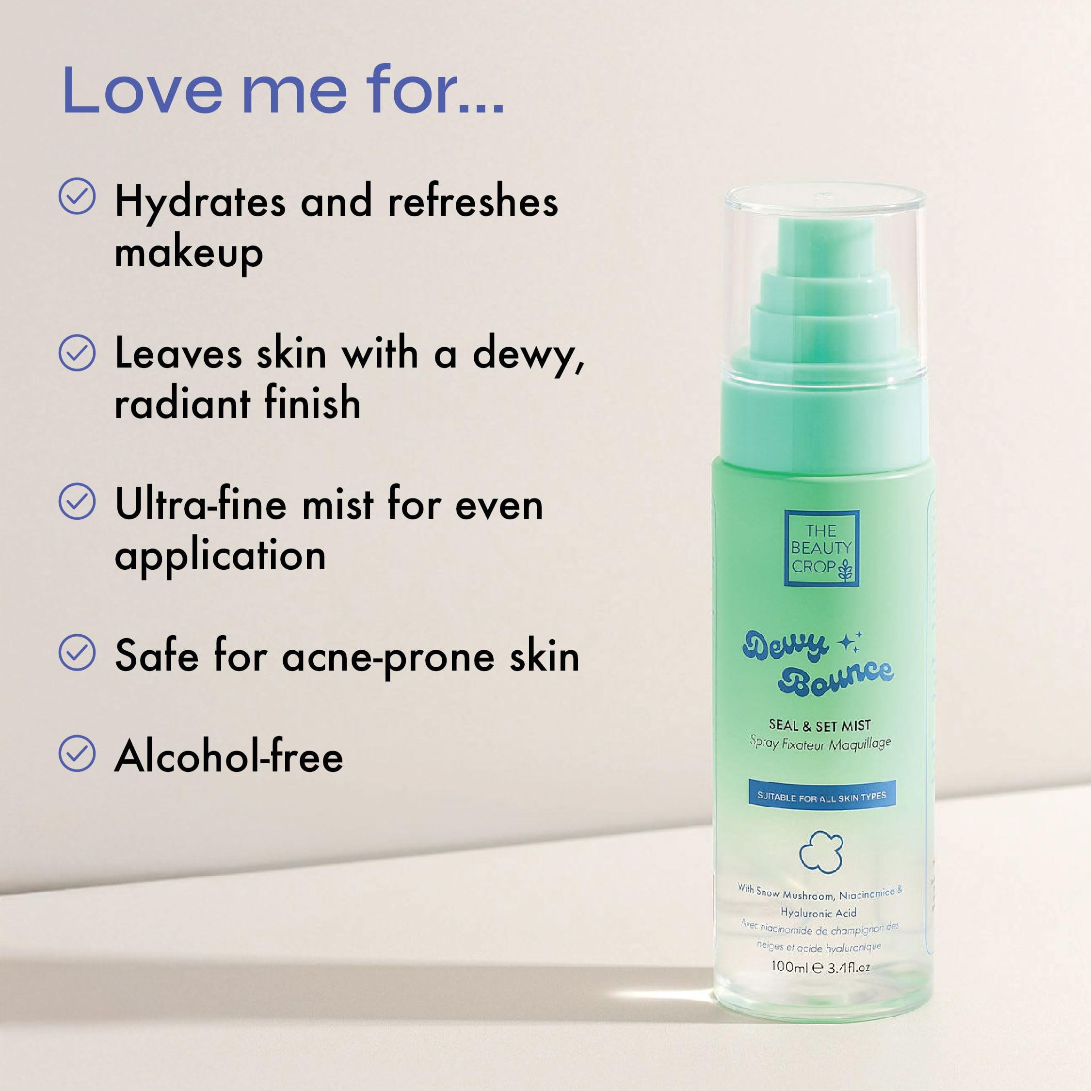 The Beauty Crop mist spray offers even, lightweight setting.